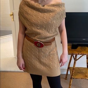 Camel Off the Shoulder Cable-Knit Sweater